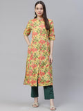 Divena Floral Print Yellow Cotton Flex Kurta - divena world