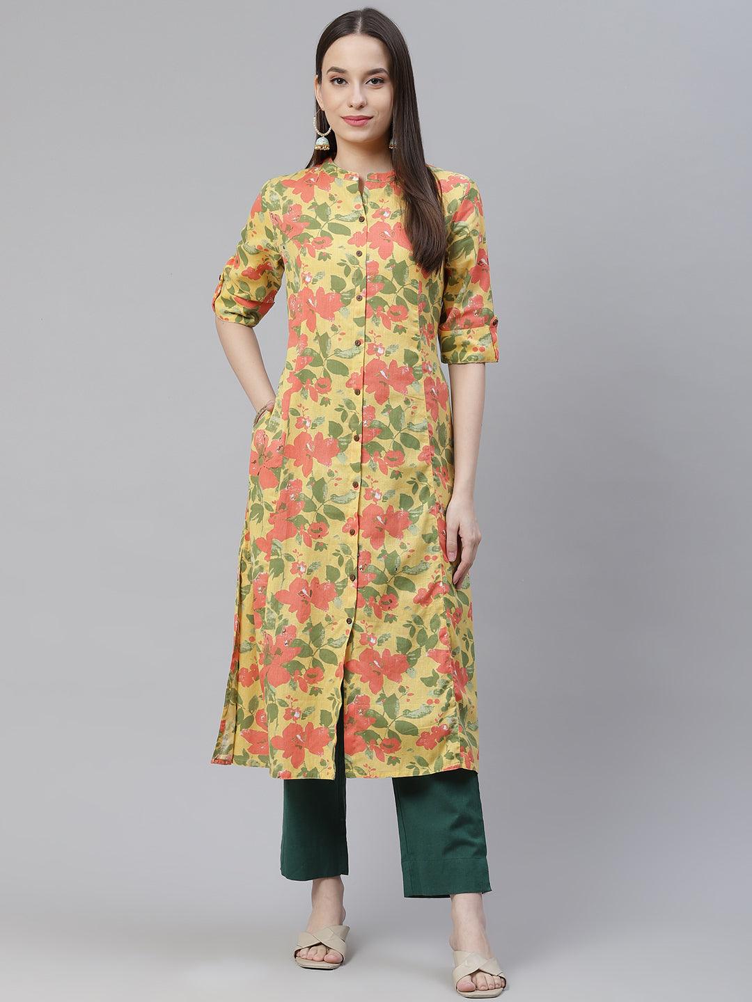Divena Floral Print Yellow Cotton Flex Kurta - divena world