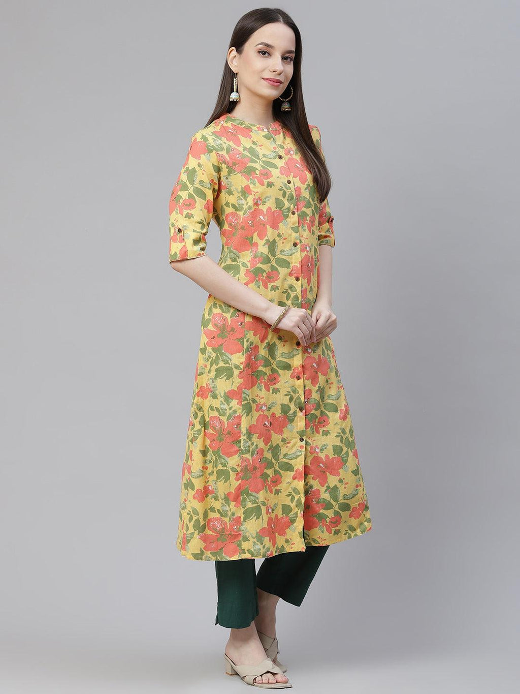 Divena Floral Print Yellow Cotton Flex Kurta - divena world