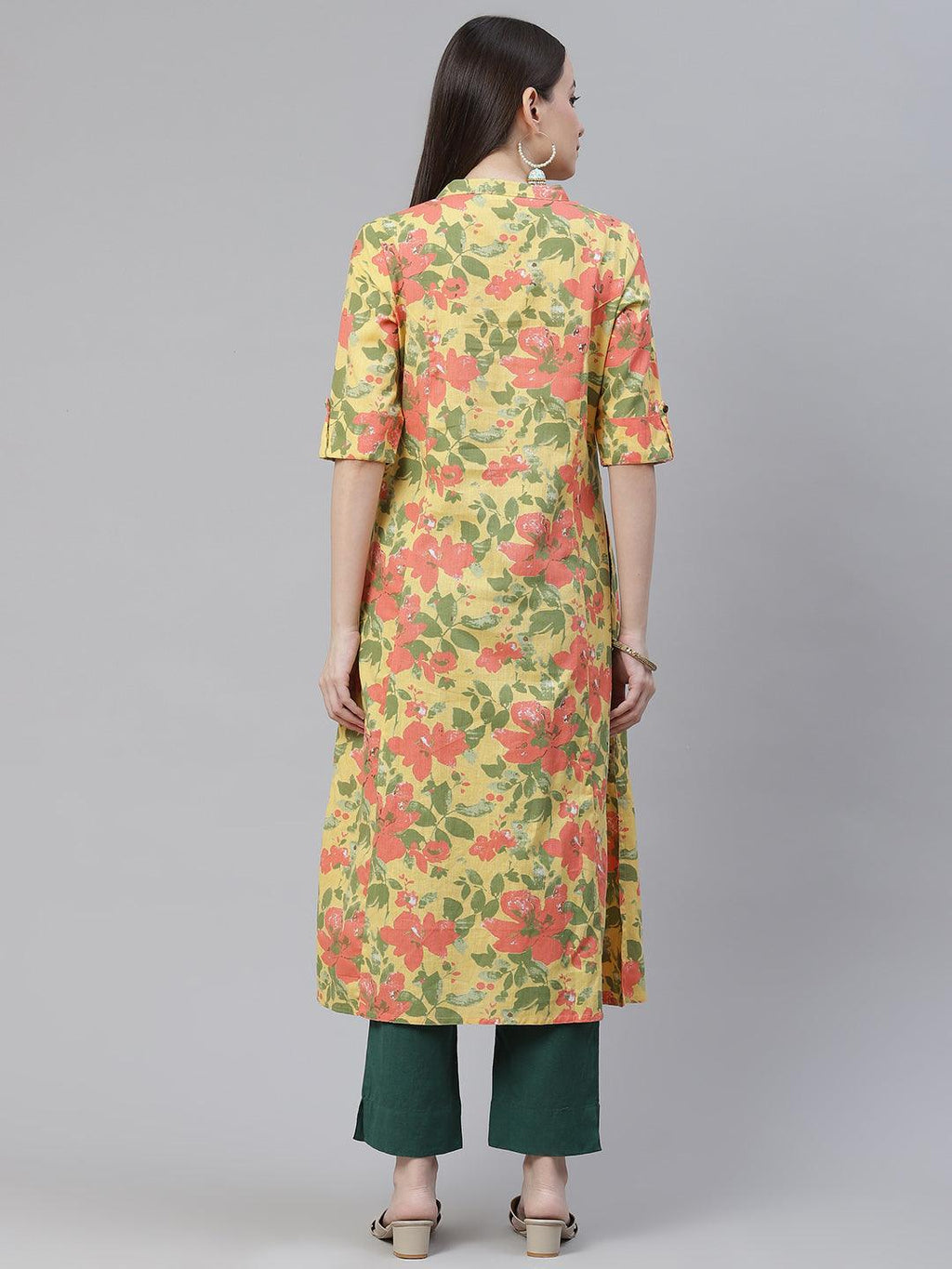 Divena Floral Print Yellow Cotton Flex Kurta - divena world