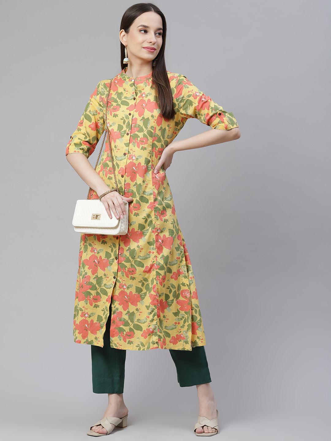 Divena Floral Print Yellow Cotton Flex Kurta - divena world