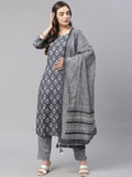 Divena Grey Cotton Straight Kurta Pant Set With Dupatta - divena world