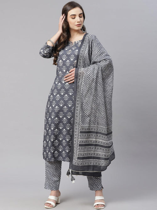 Divena Grey Cotton Straight Kurta Pant Set With Dupatta - divena world