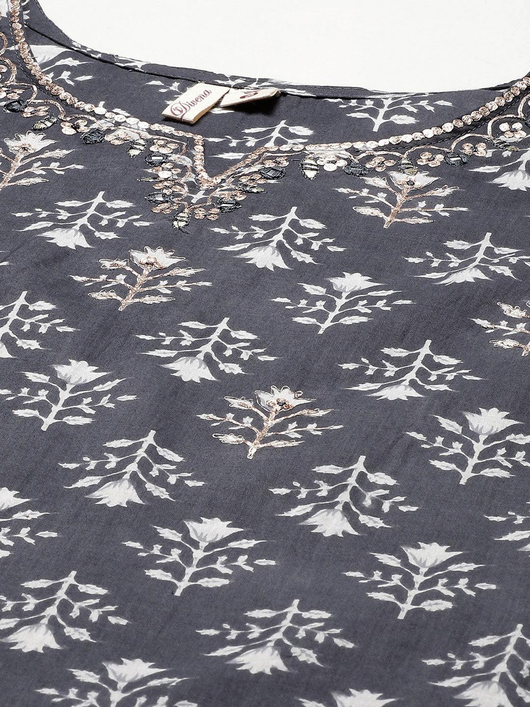 Divena Grey Cotton Straight Kurta Pant Set With Dupatta - divena world