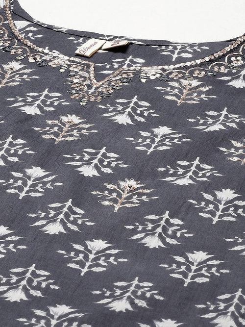 Divena Grey Cotton Straight Kurta Pant Set With Dupatta - divena world