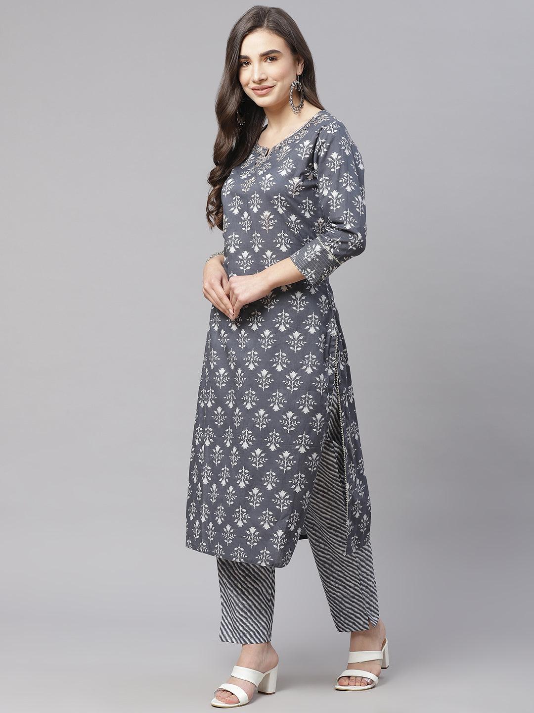 Divena Grey Cotton Straight Kurta Pant Set With Dupatta - divena world