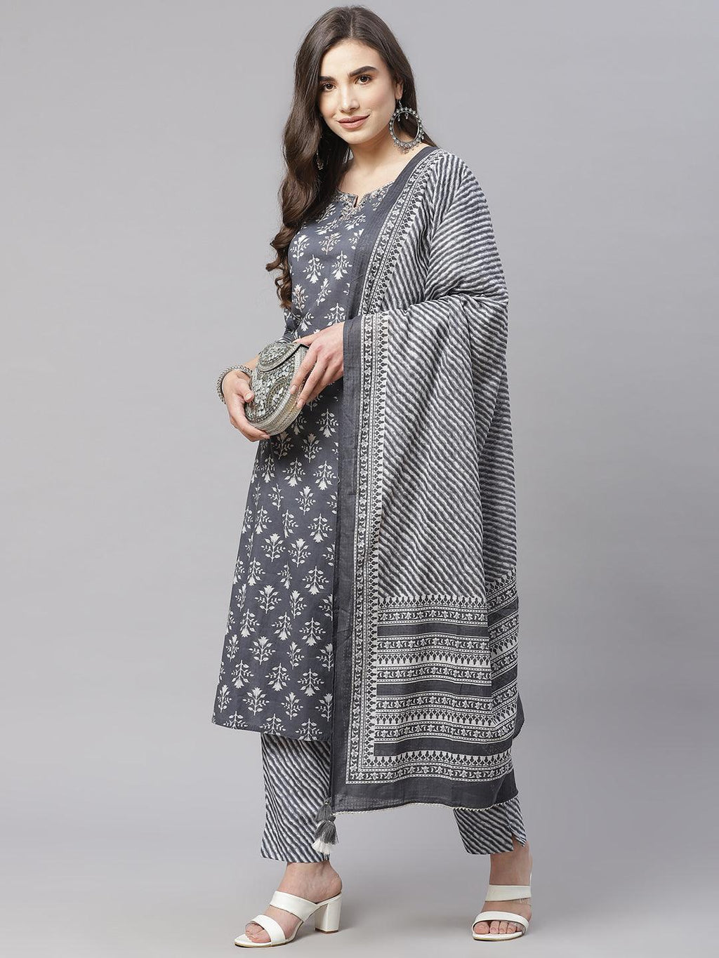 Divena Grey Cotton Straight Kurta Pant Set With Dupatta - divena world