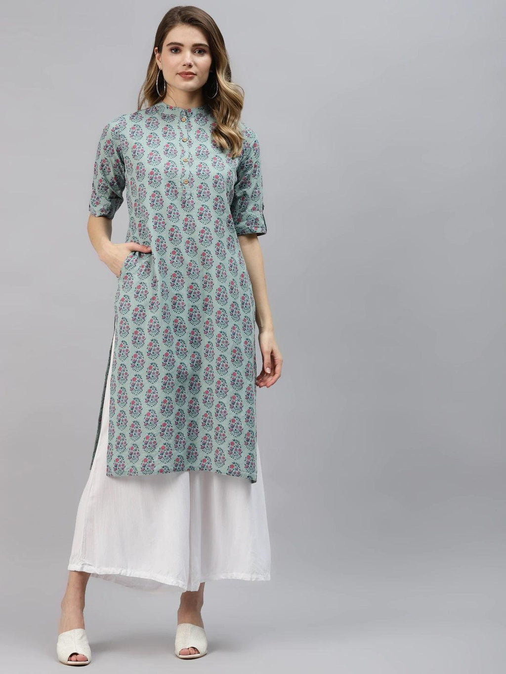 Divena Sea Blue Cotton Straight Fit Kurta - divena world