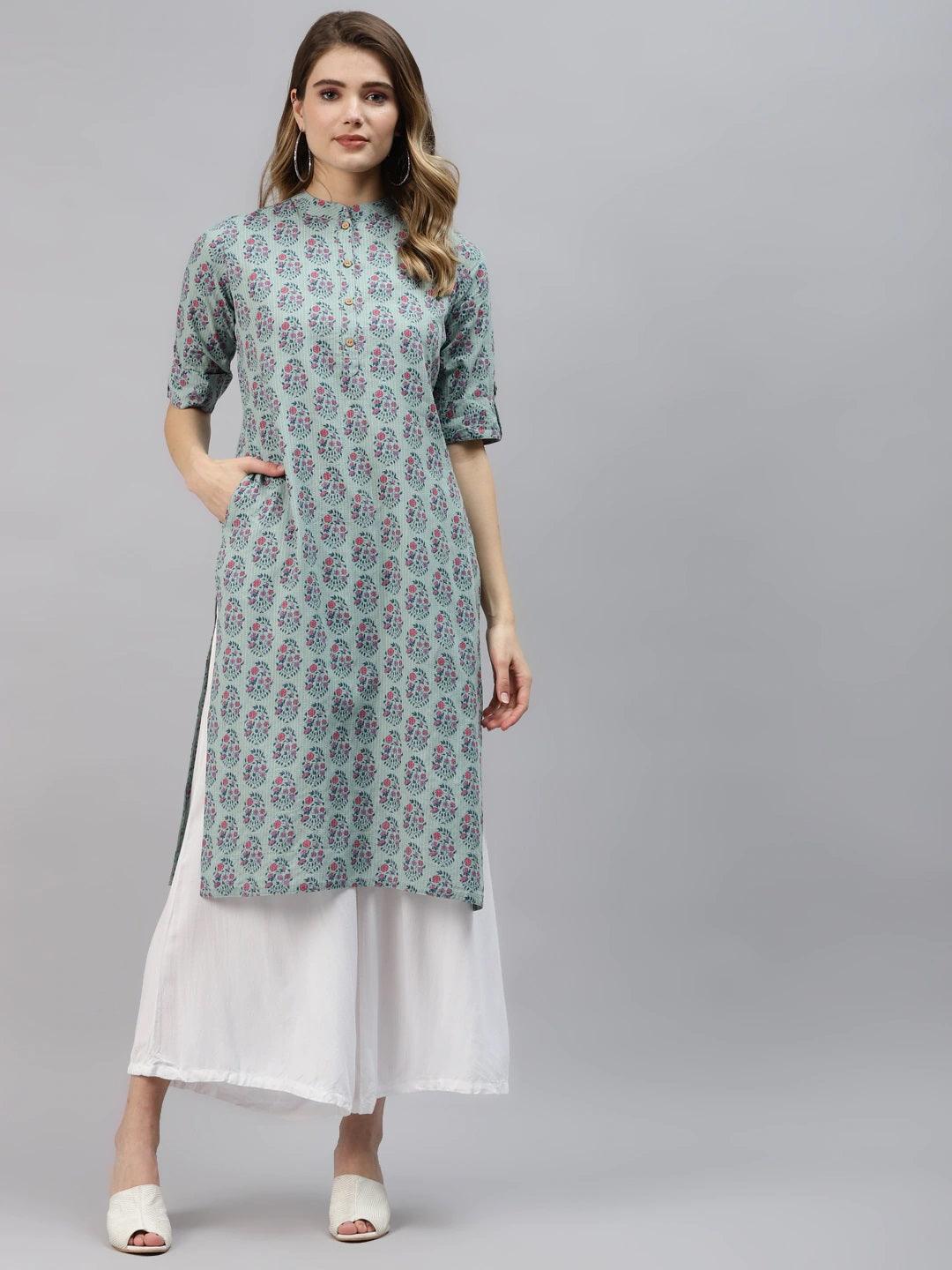 Divena Sea Blue Cotton Straight Fit Kurta - divena world
