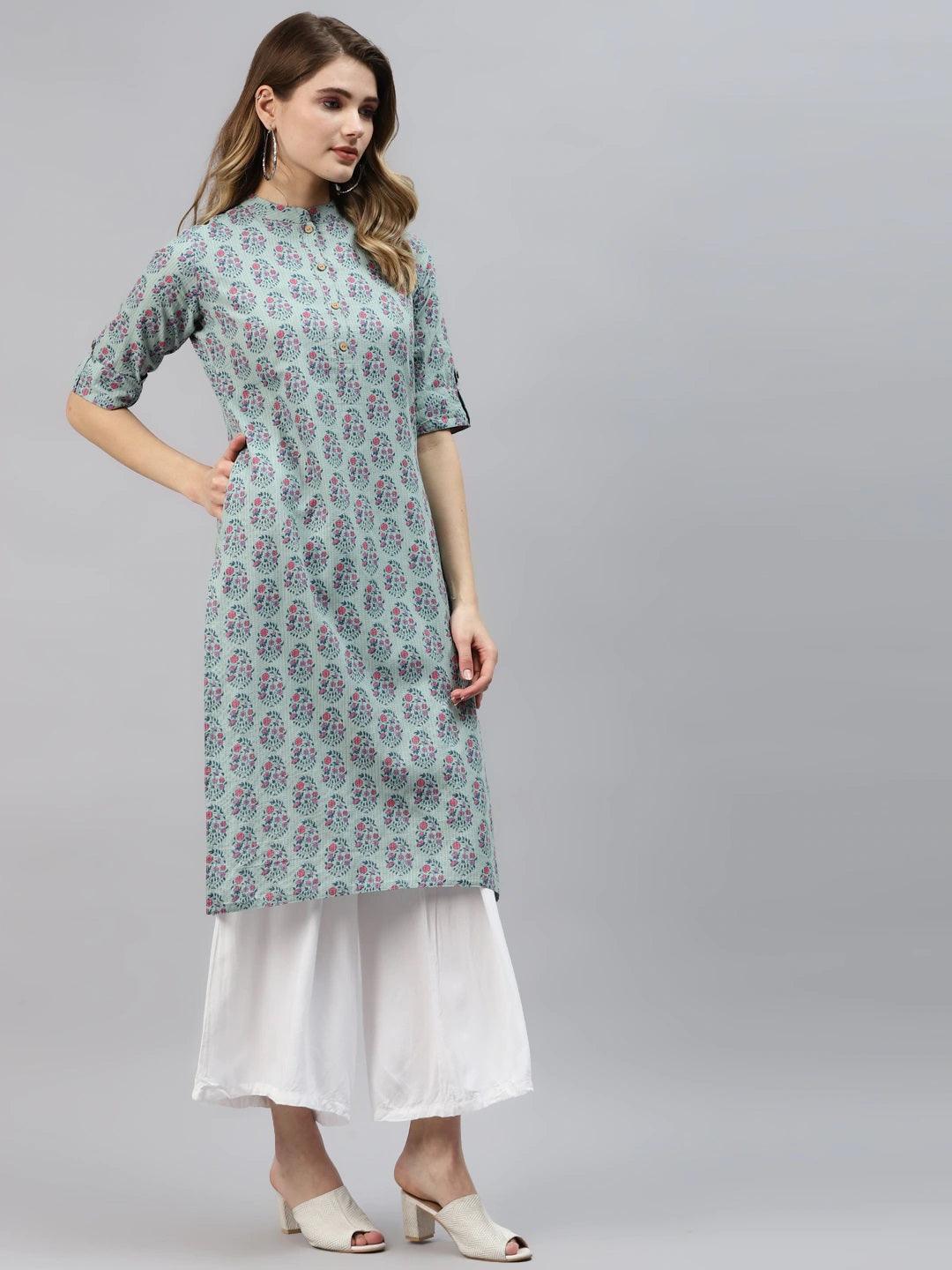 Divena Sea Blue Cotton Straight Fit Kurta - divena world