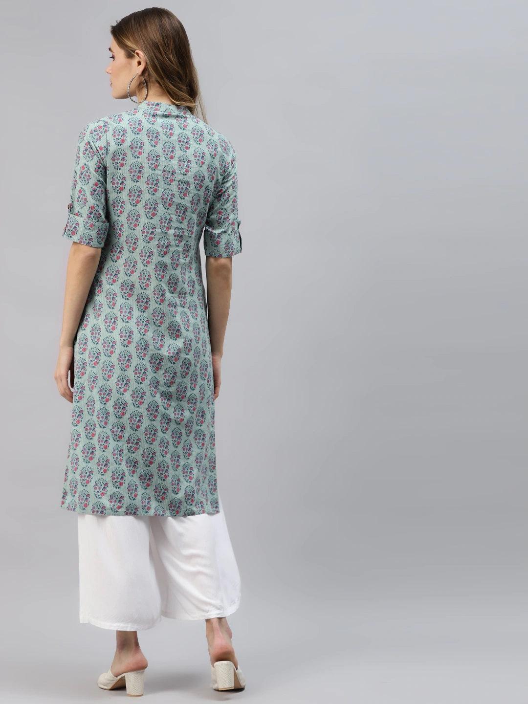 Divena Sea Blue Cotton Straight Fit Kurta - divena world