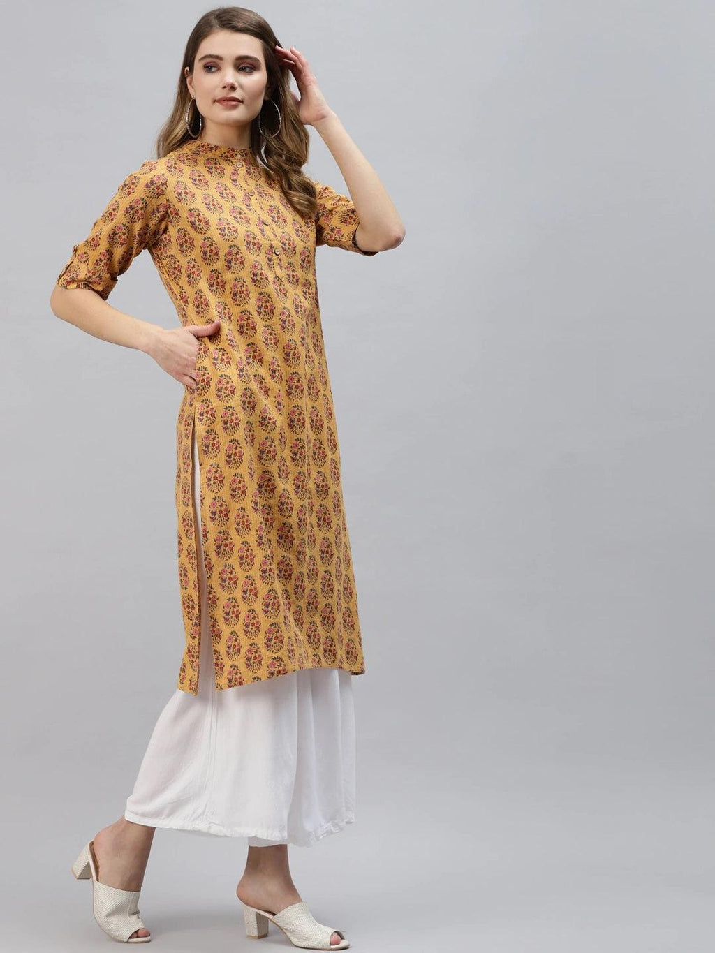 Divena Mustard Cotton Straight Fit Kurta - divena world