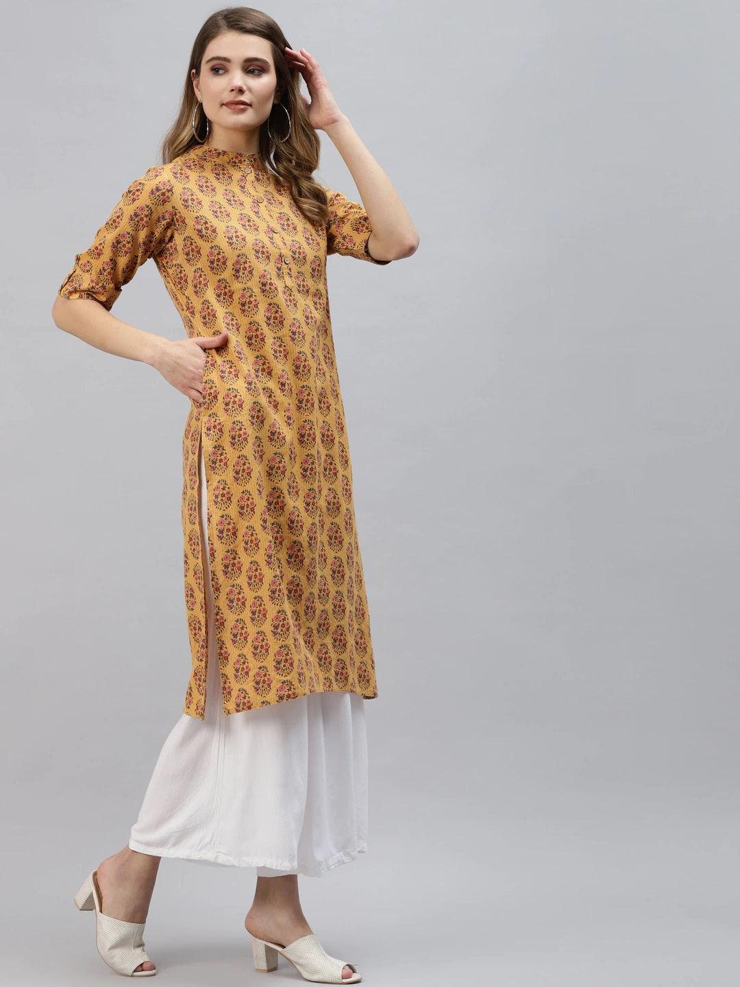 Divena Mustard Cotton Straight Fit Kurta - divena world