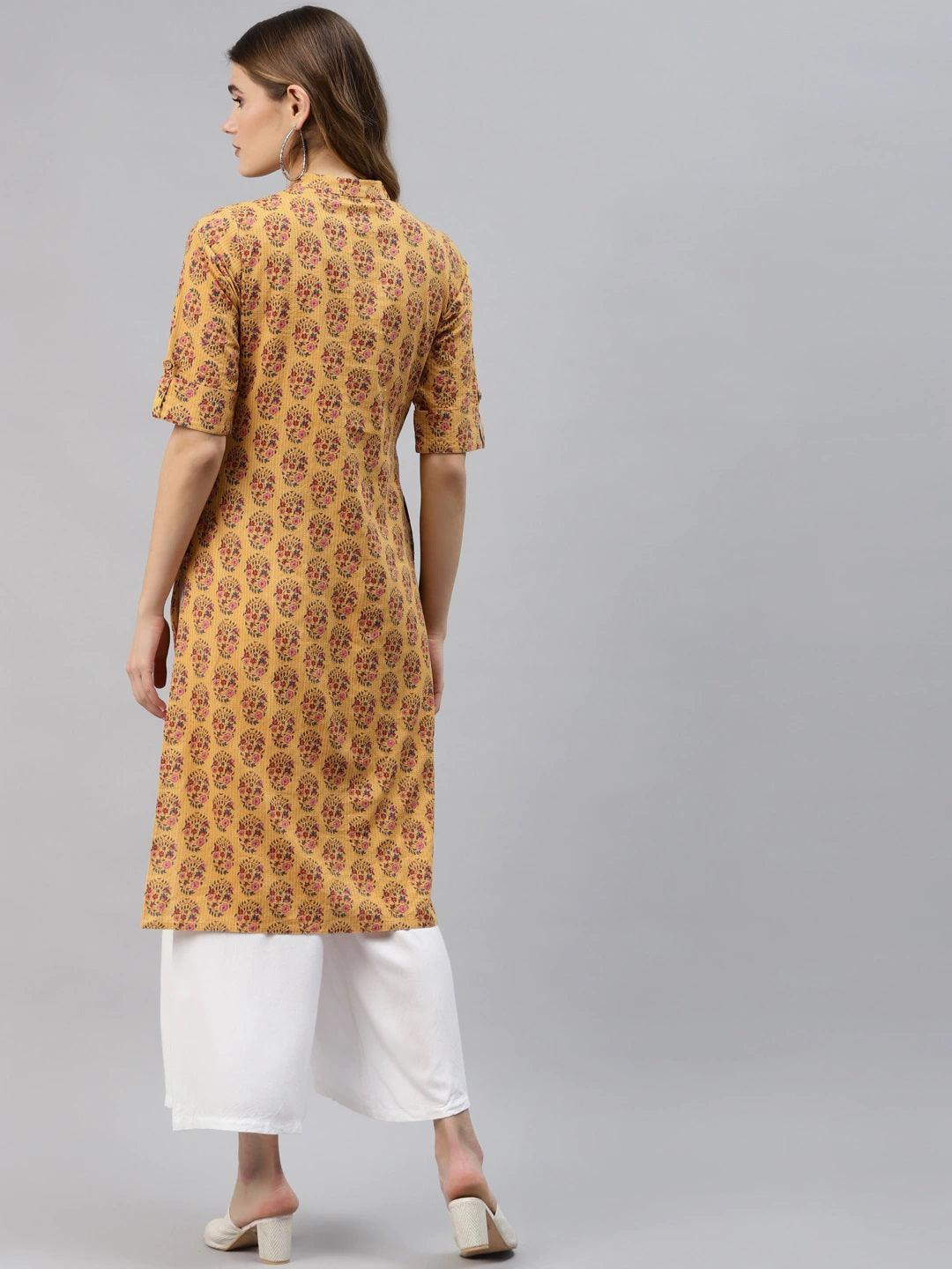 Divena Mustard Cotton Straight Fit Kurta - divena world