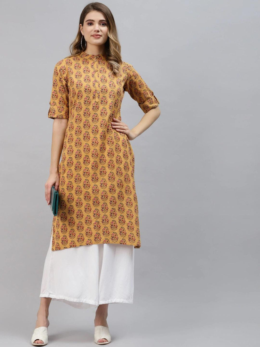 Divena Mustard Cotton Straight Fit Kurta - divena world