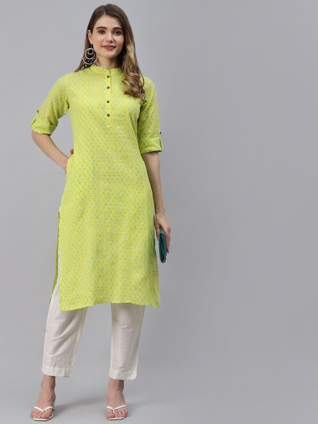 Divena Yellow And Green Cotton Straight Kurta - divena world