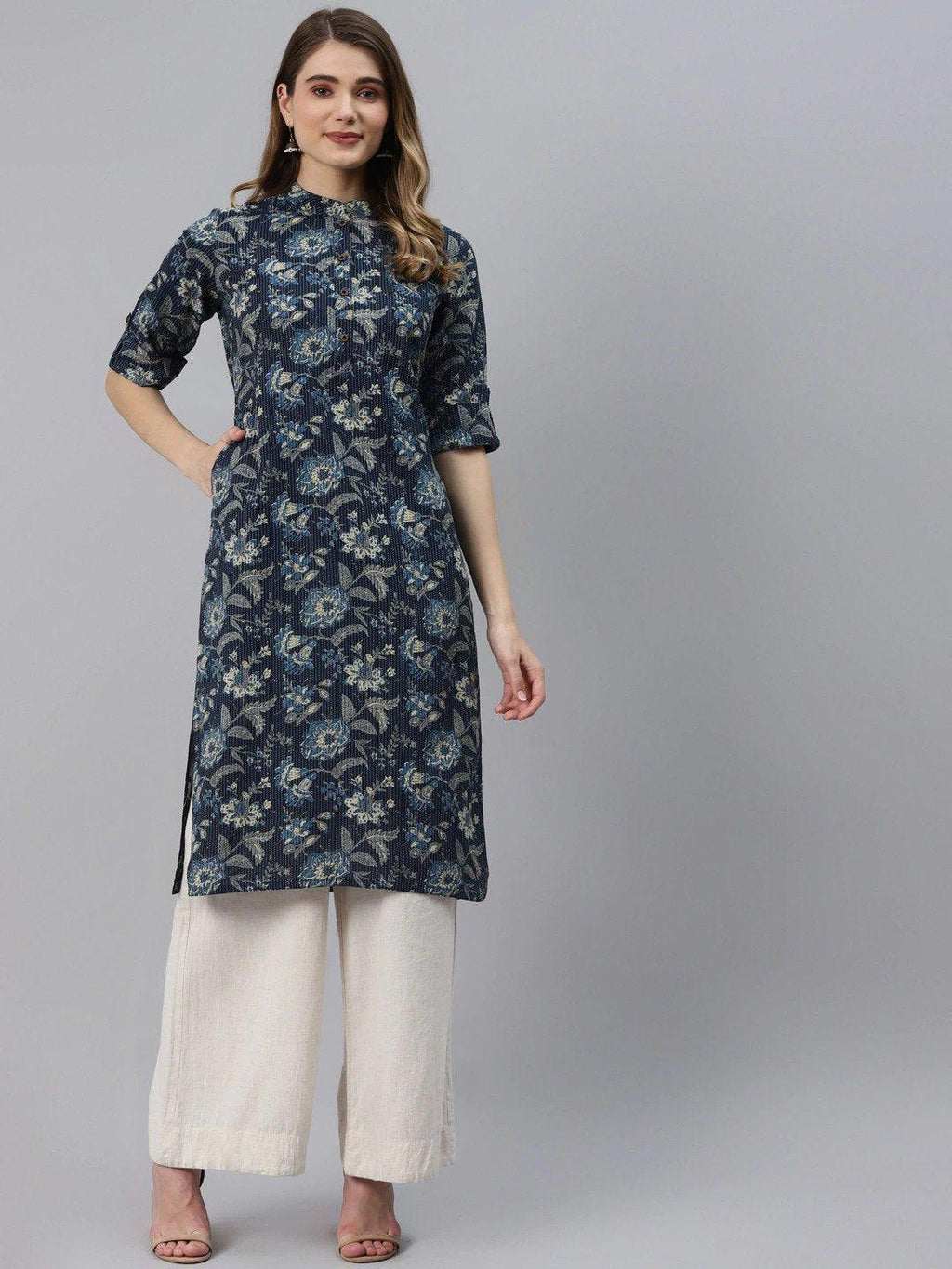 Divena Navy Blue Cotton Straight Kurta - divena world