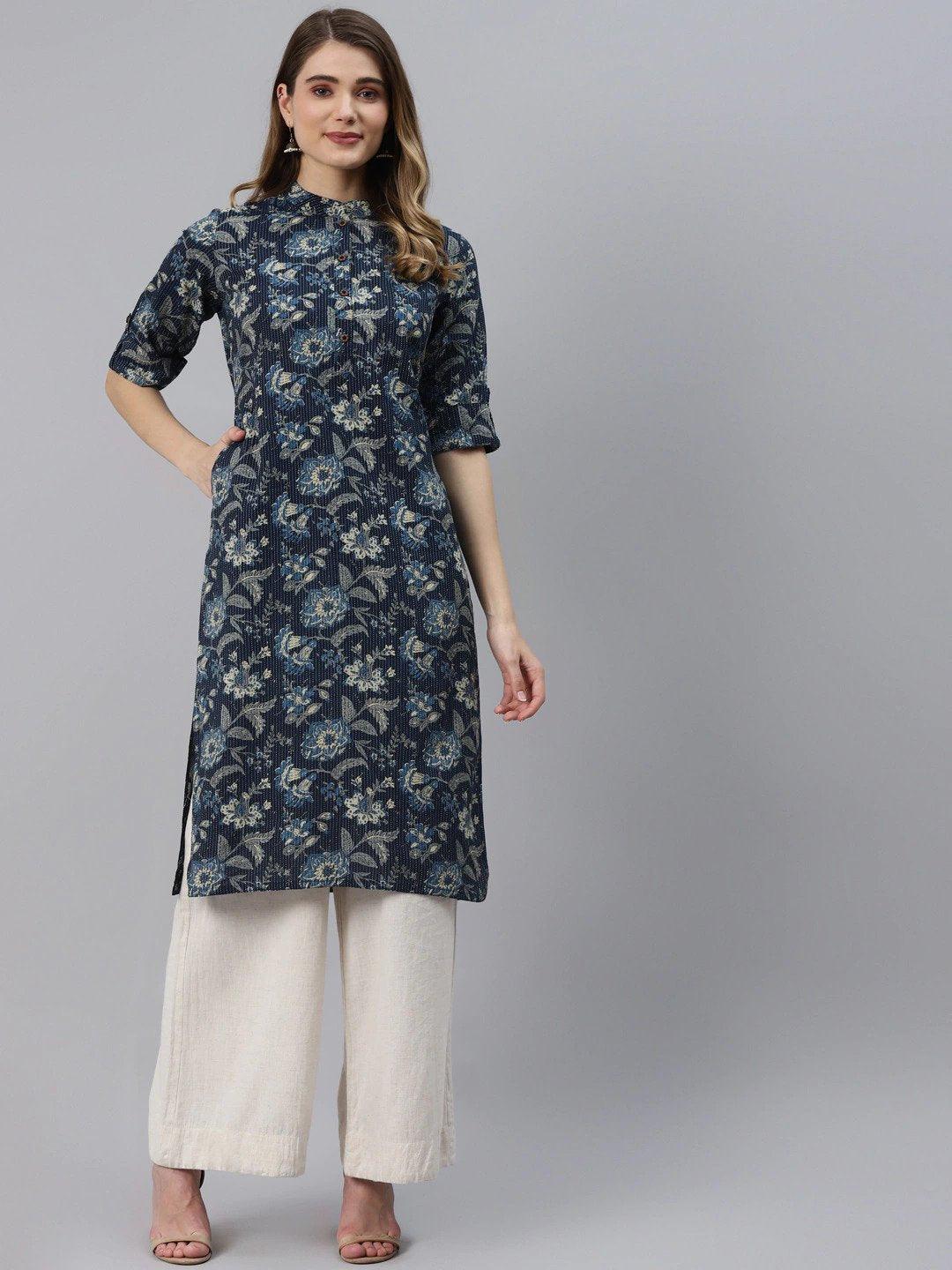 Divena Navy Blue Cotton Straight Kurta - divena world