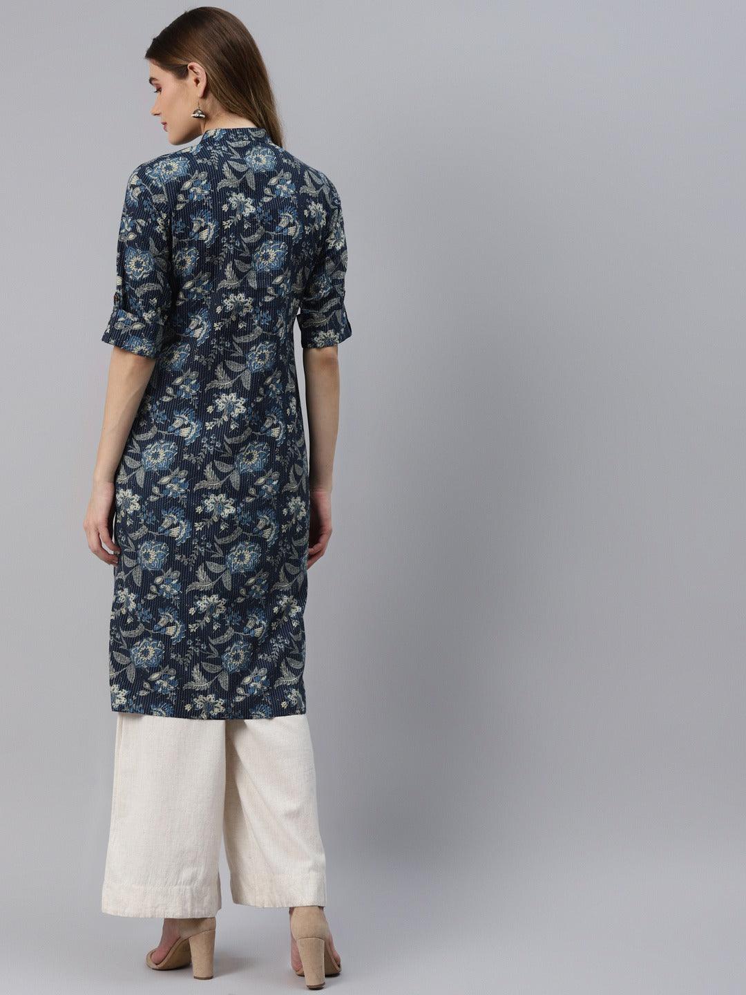 Divena Navy Blue Cotton Straight Kurta - divena world