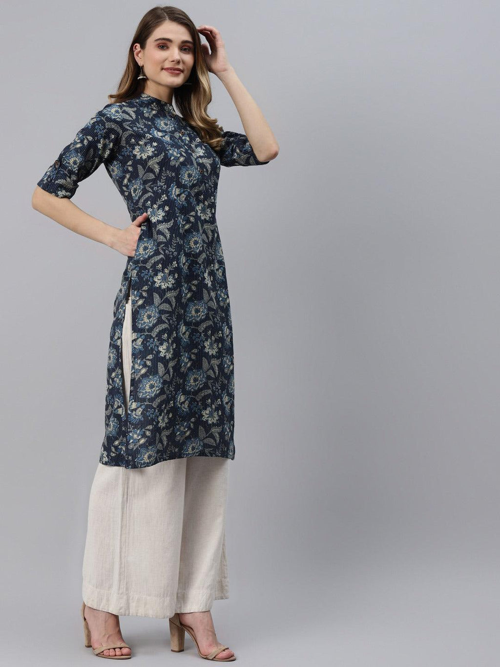 Divena Navy Blue Cotton Straight Kurta - divena world