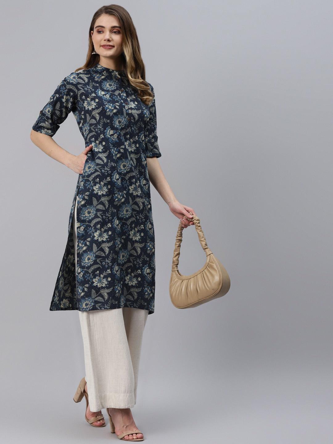 Divena Navy Blue Cotton Straight Kurta - divena world