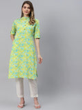 Divena Fluorescent Yellow And Green Cotton Straight Kurta - divena world