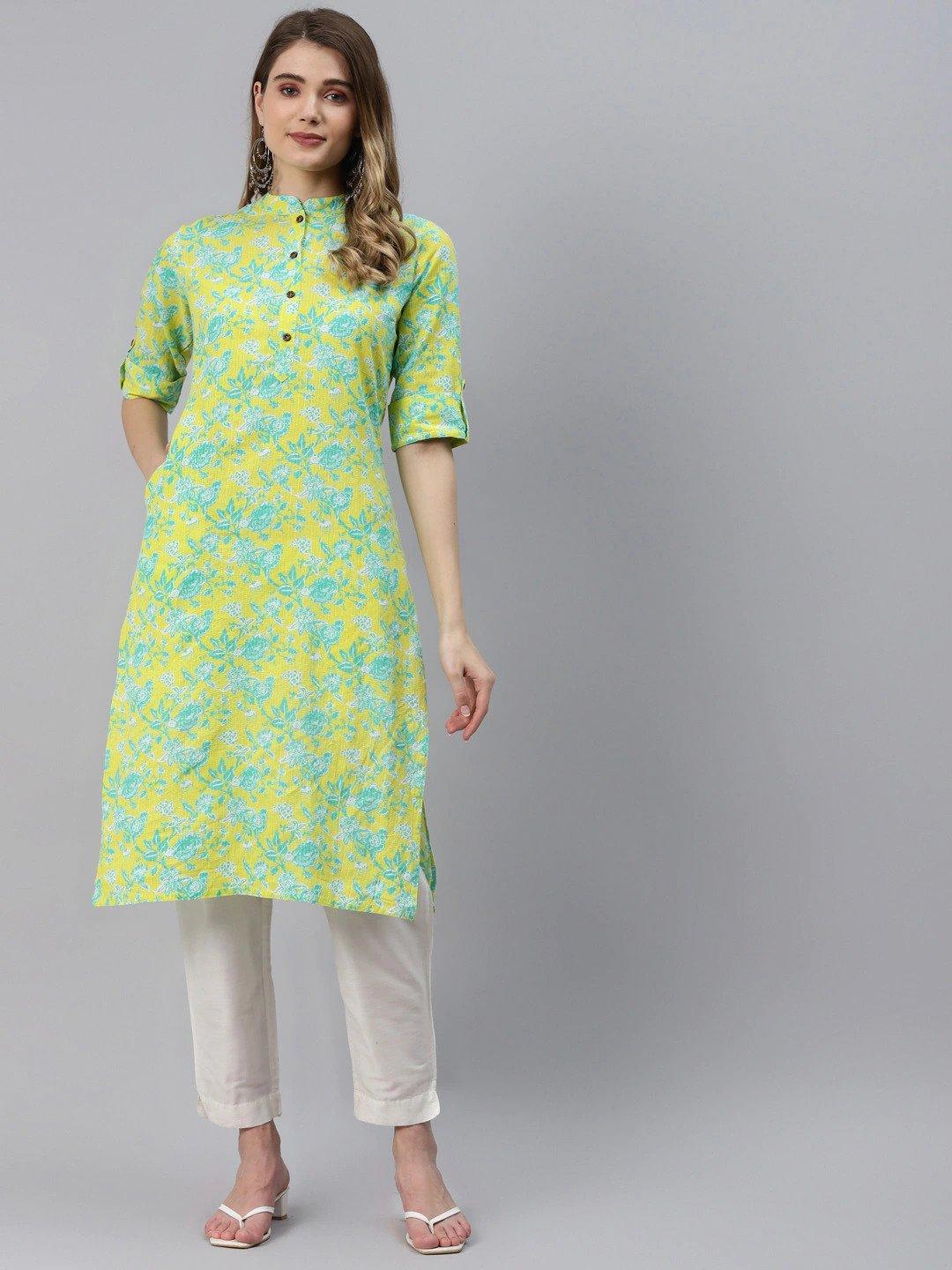 Divena Fluorescent Yellow And Green Cotton Straight Kurta - divena world
