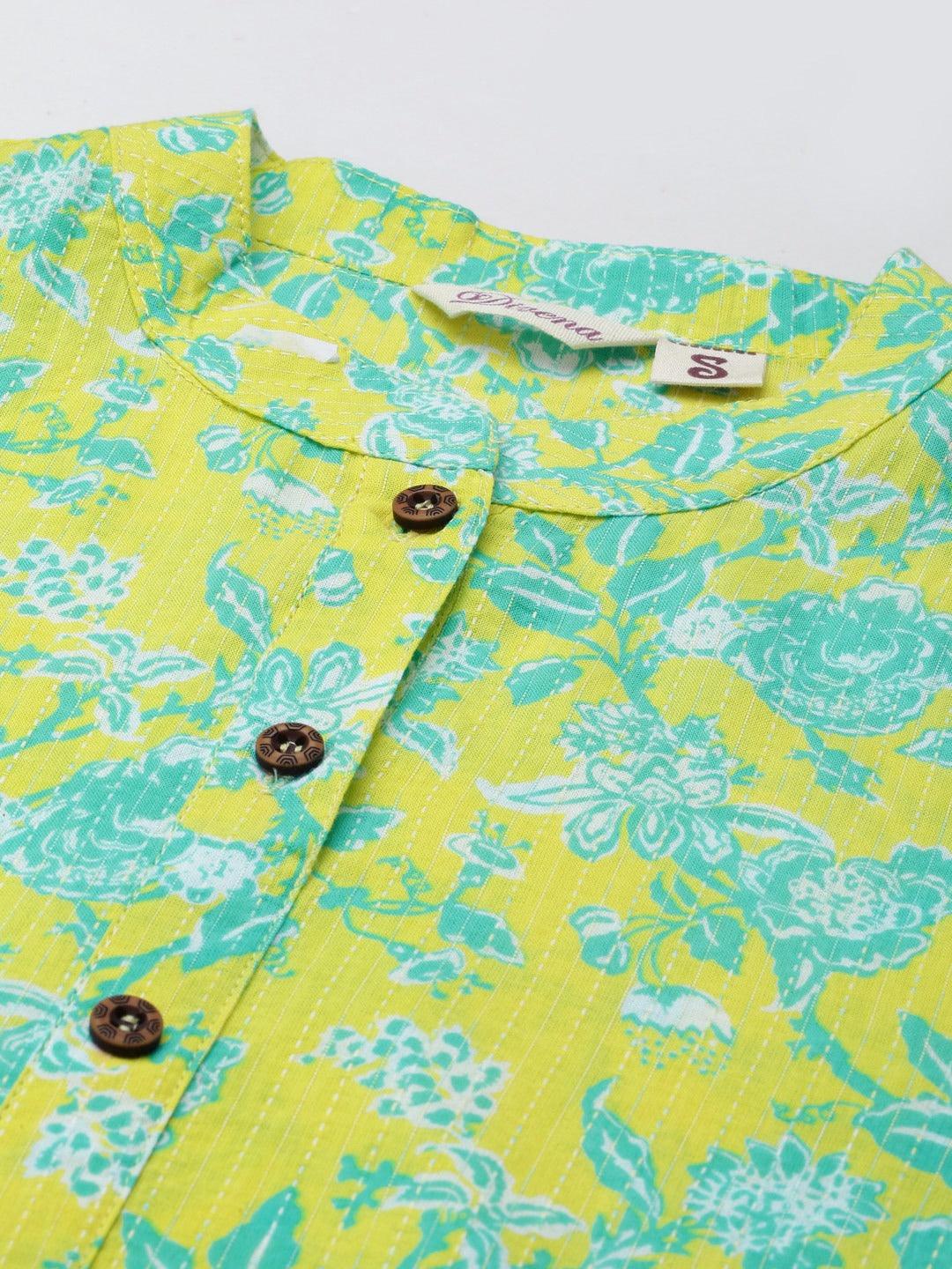 Divena Fluorescent Yellow And Green Cotton Straight Kurta - divena world