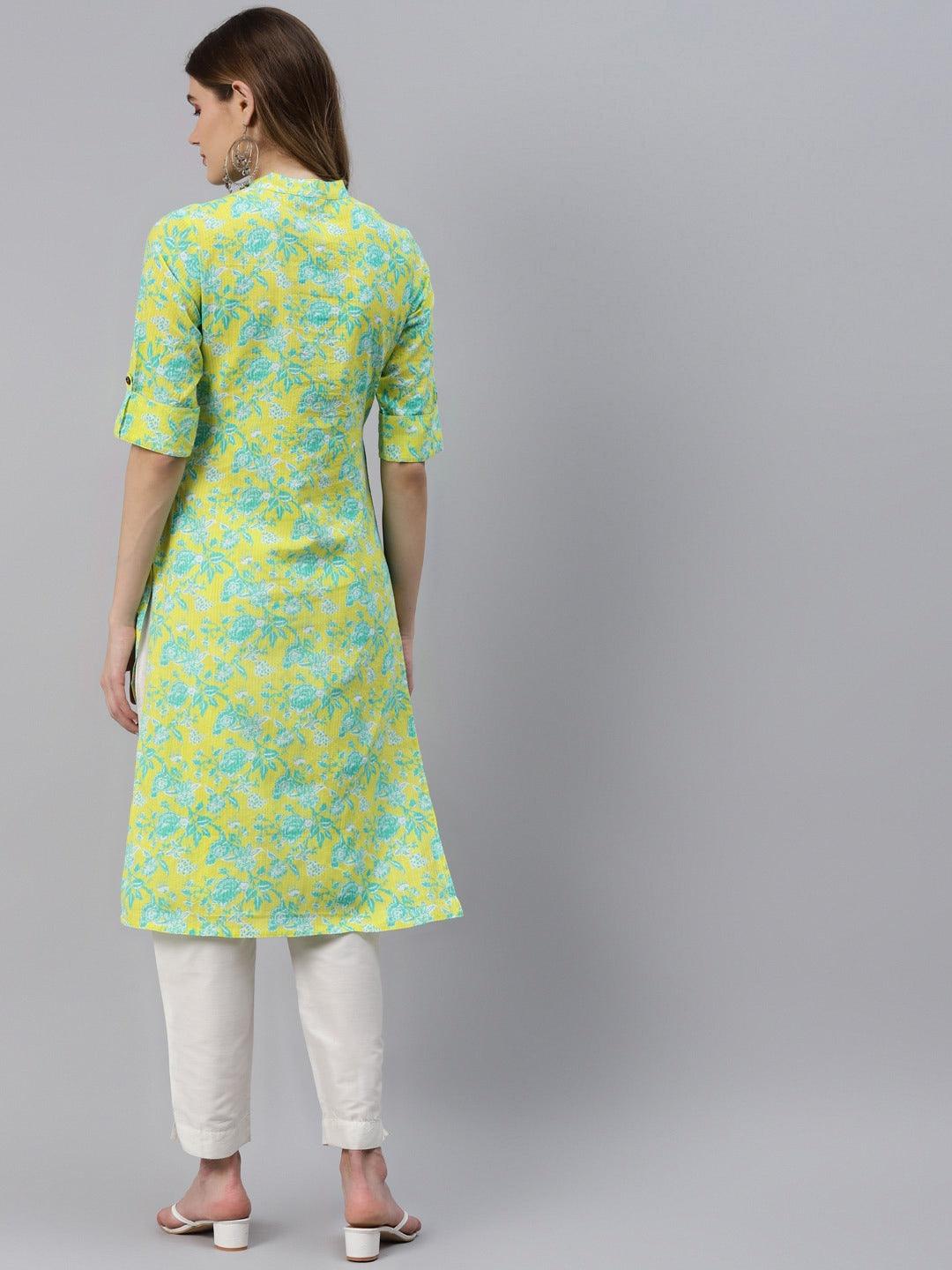 Divena Fluorescent Yellow And Green Cotton Straight Kurta - divena world
