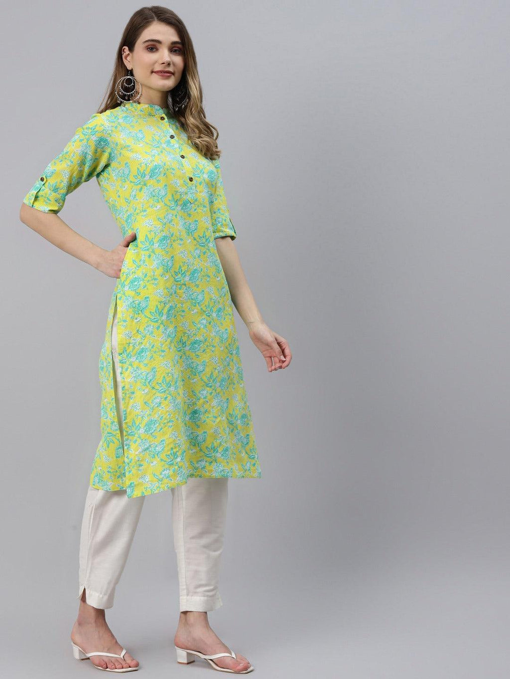 Divena Fluorescent Yellow And Green Cotton Straight Kurta - divena world