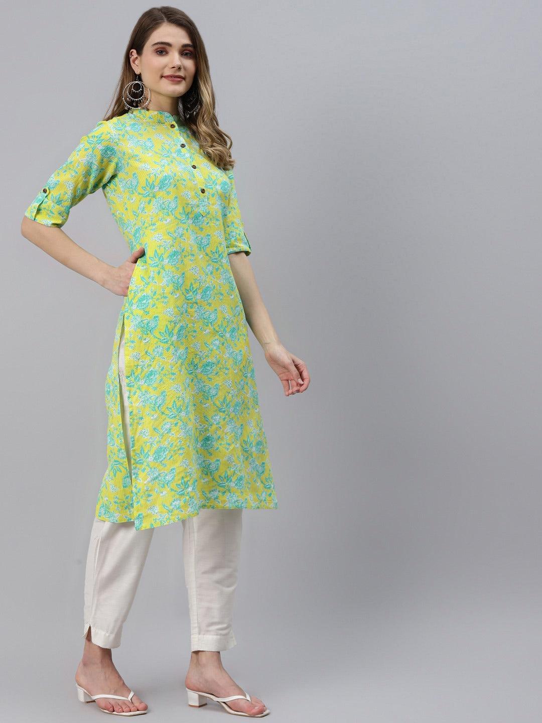 Divena Fluorescent Yellow And Green Cotton Straight Kurta - divena world