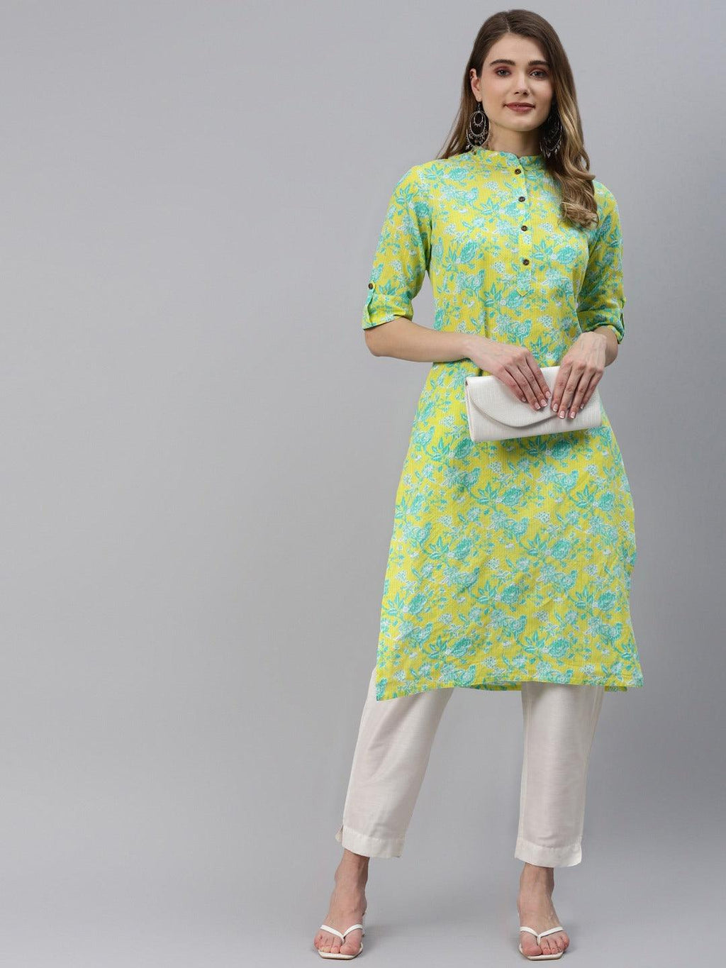 Divena Fluorescent Yellow And Green Cotton Straight Kurta - divena world