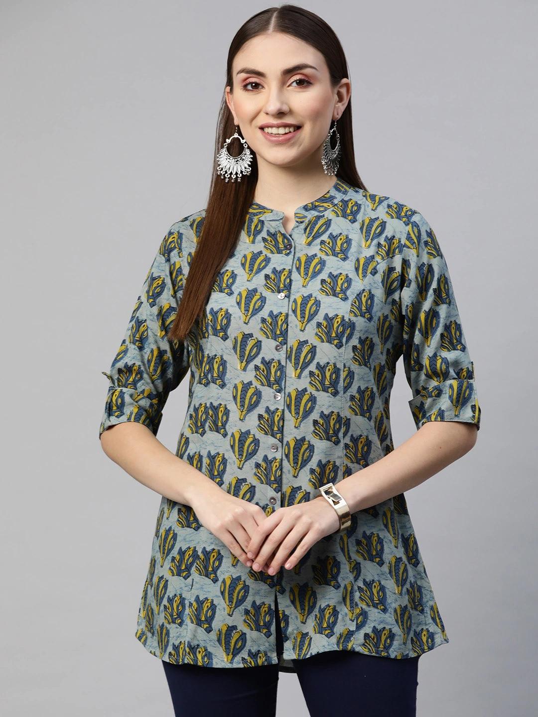 Divena Indigo Blue Floral Rayon A-line Shirts Style Top - divena world