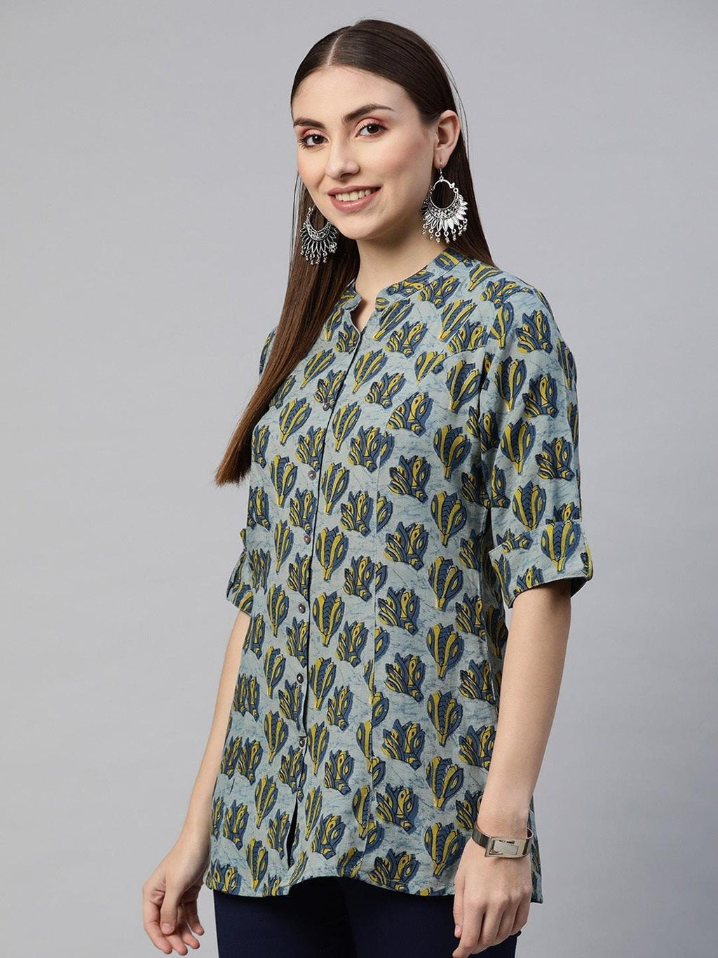 Divena Indigo Blue Floral Rayon A-line Shirts Style Top - divena world