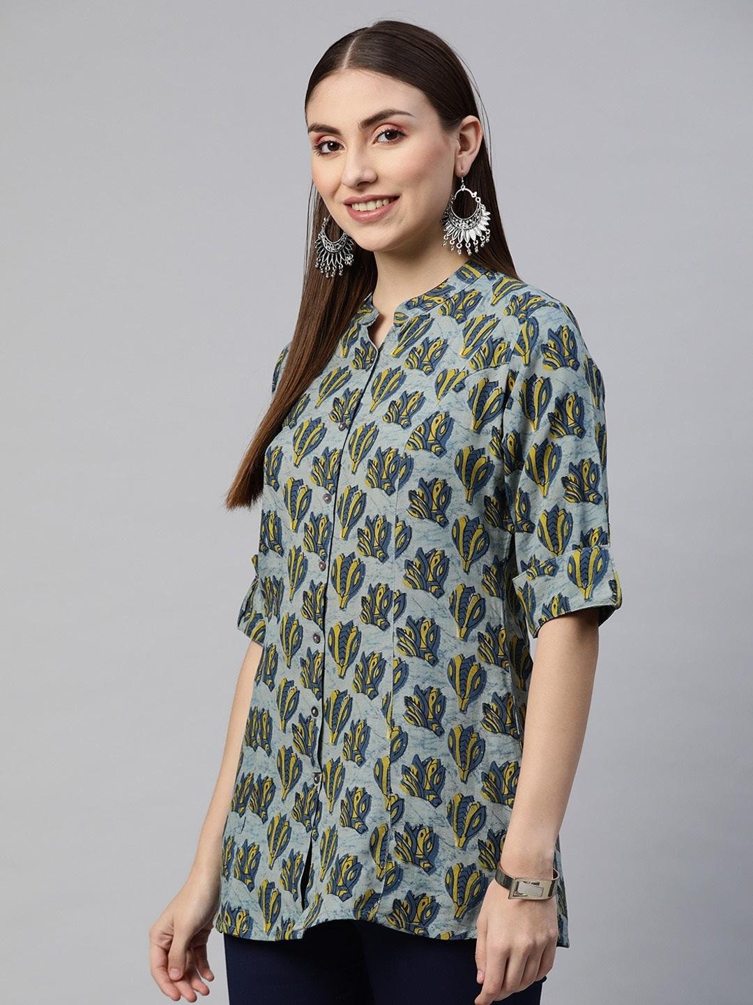 Divena Indigo Blue Floral Rayon A-line Shirts Style Top - divena world