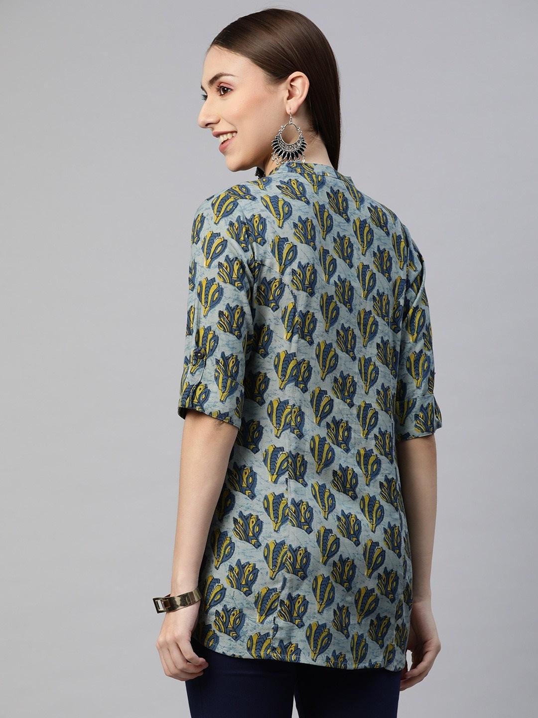 Divena Indigo Blue Floral Rayon A-line Shirts Style Top - divena world