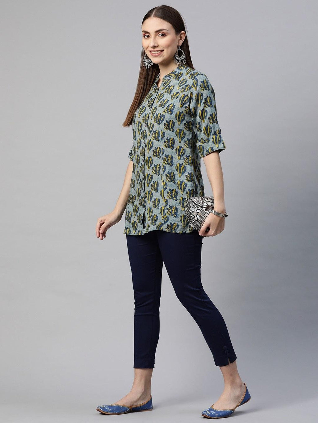 Divena Indigo Blue Floral Rayon A-line Shirts Style Top - divena world