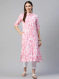 Divena White-Pink Cotton A-Line Kurta - divena world