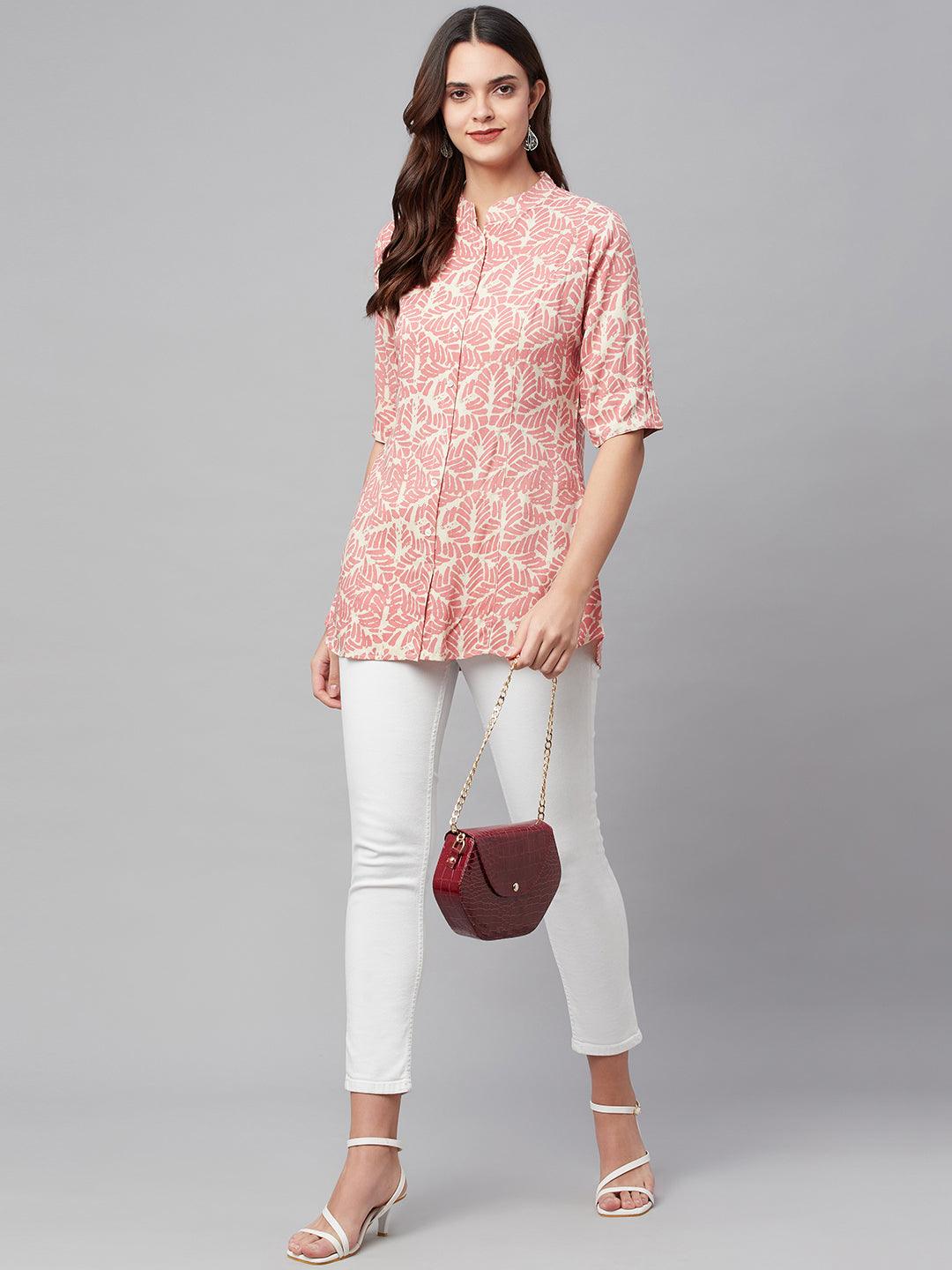 Divena Pink Floral Rayon A-line Shirts Style Top - divena world