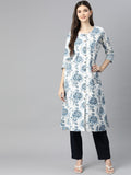 Divena White & Blue Floral Cotton Flex A- Line Kurta - divena world