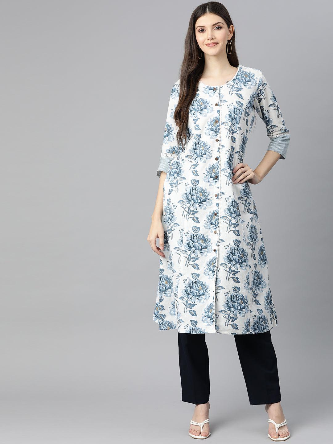 Divena White & Blue Floral Cotton Flex A- Line Kurta - divena world