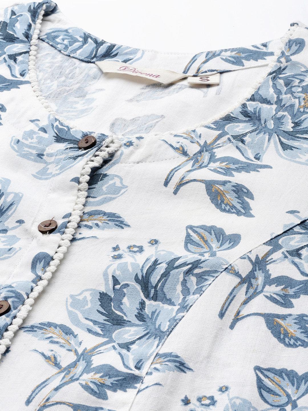 Divena White & Blue Floral Cotton Flex A- Line Kurta - divena world