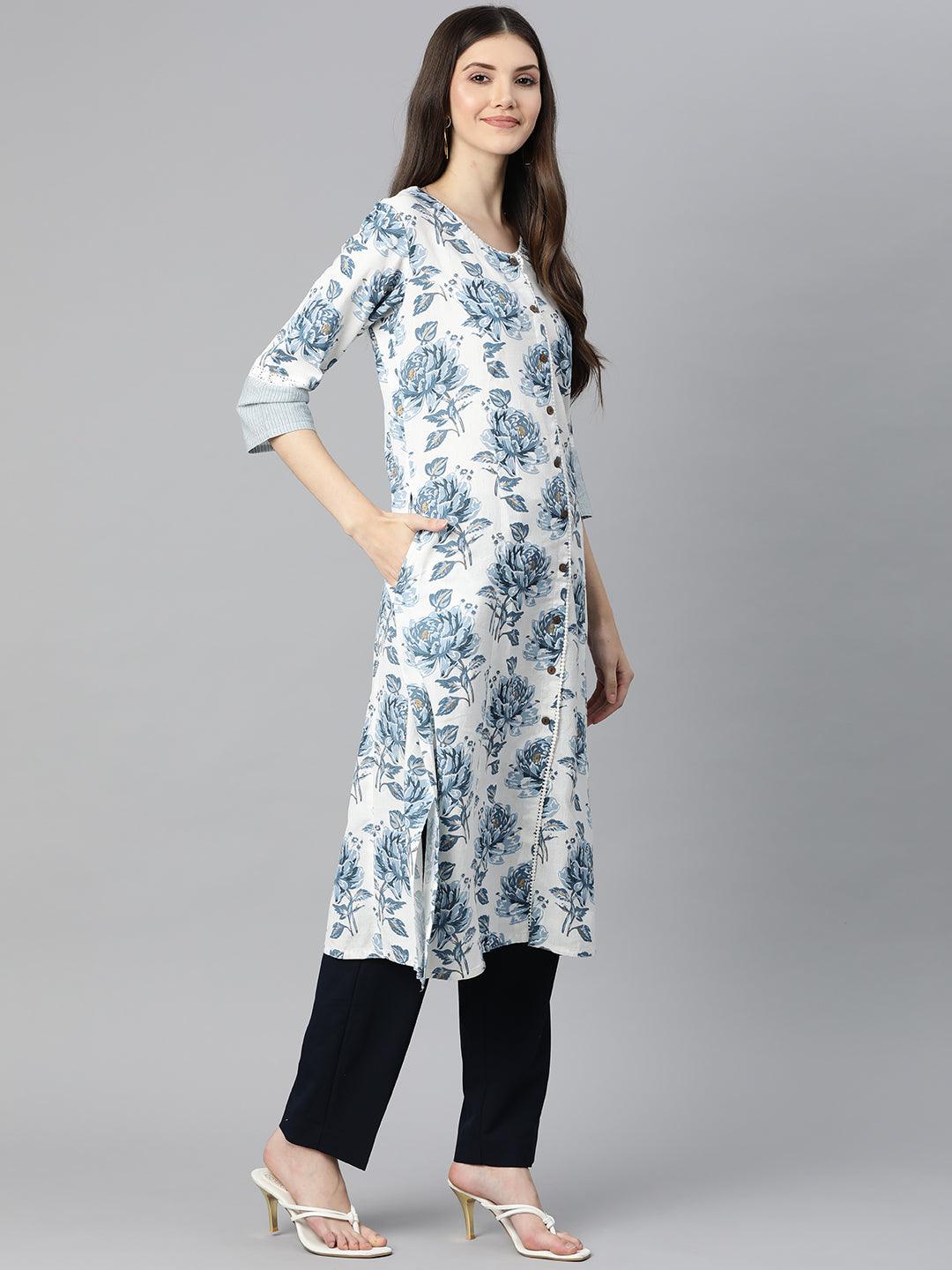 Divena White & Blue Floral Cotton Flex A- Line Kurta - divena world