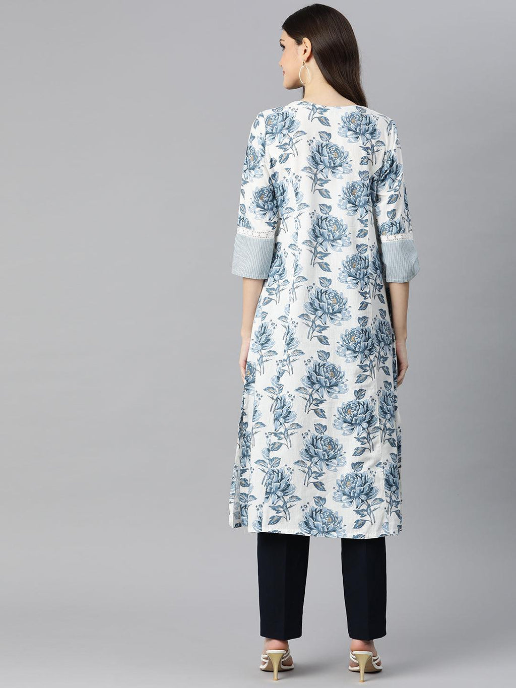 Divena White & Blue Floral Cotton Flex A- Line Kurta - divena world