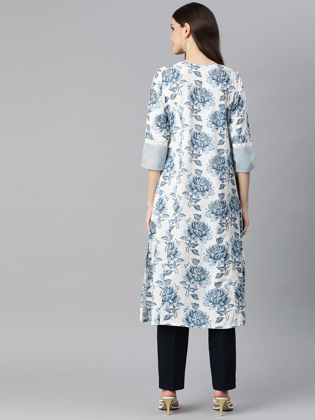 Divena White & Blue Floral Cotton Flex A- Line Kurta - divena world