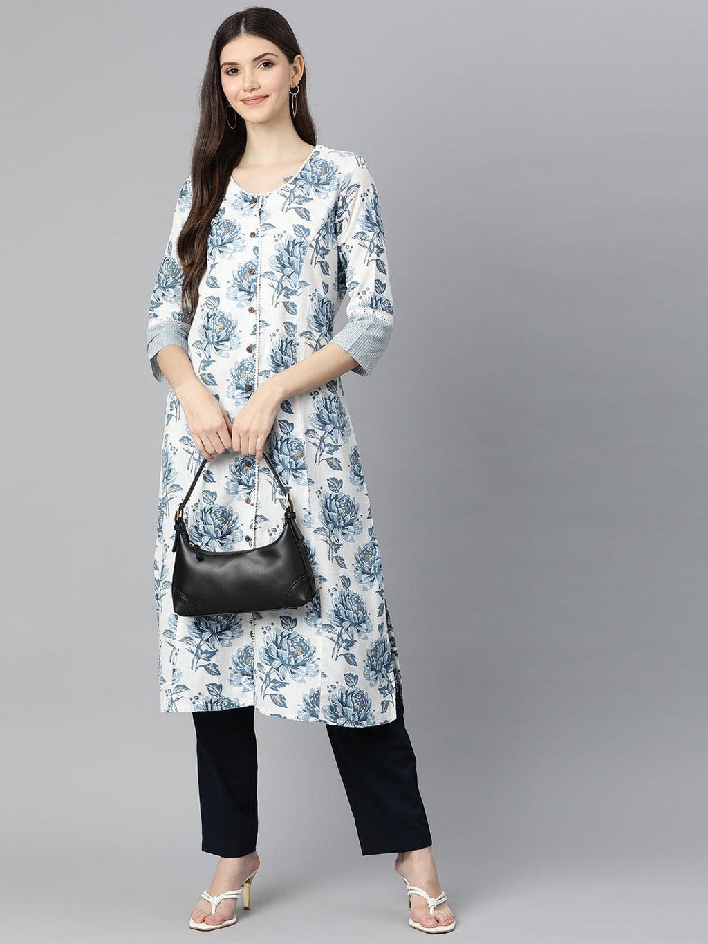 Divena White & Blue Floral Cotton Flex A- Line Kurta - divena world