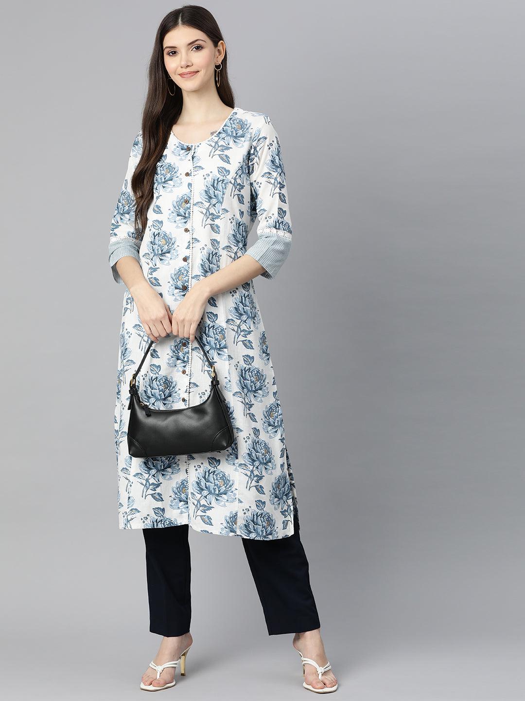 Divena White & Blue Floral Cotton Flex A- Line Kurta - divena world