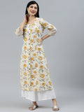 Noe Velarro Floral Print Yellow Cotton A-line Kurta