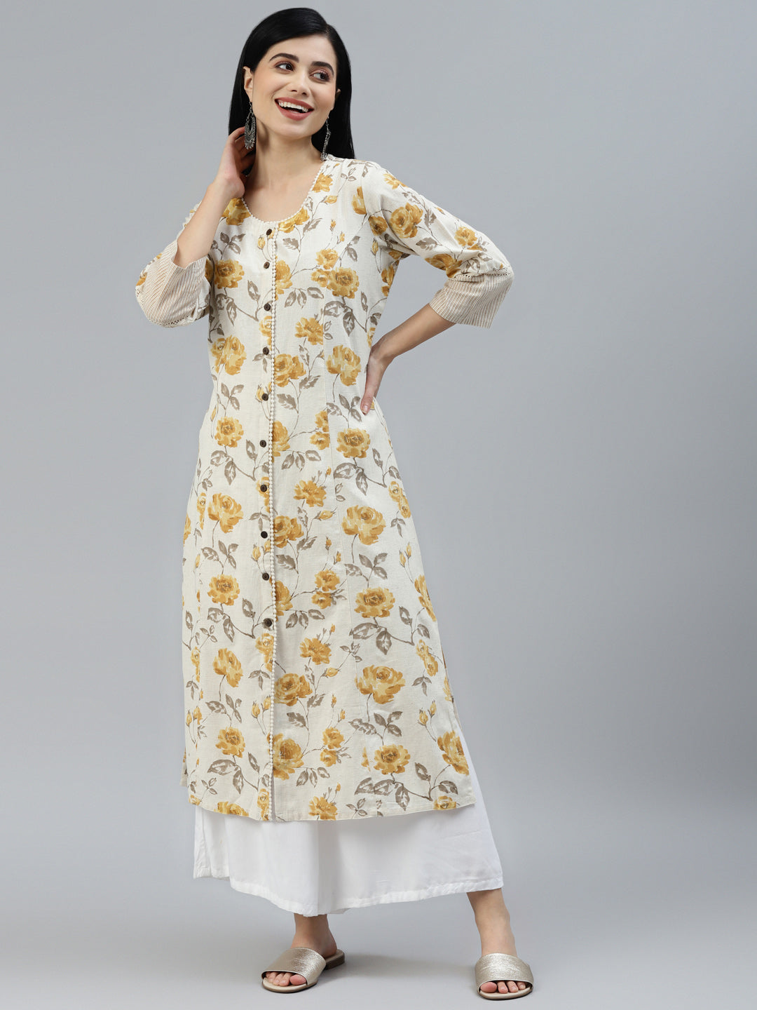 Noe Velarro Floral Print Yellow Cotton A-line Kurta