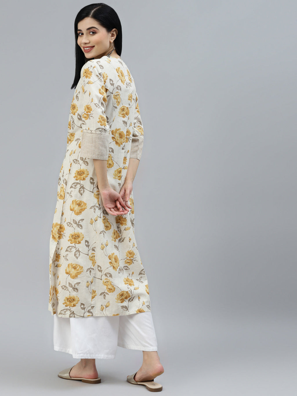 Noe Velarro Floral Print Yellow Cotton A-line Kurta